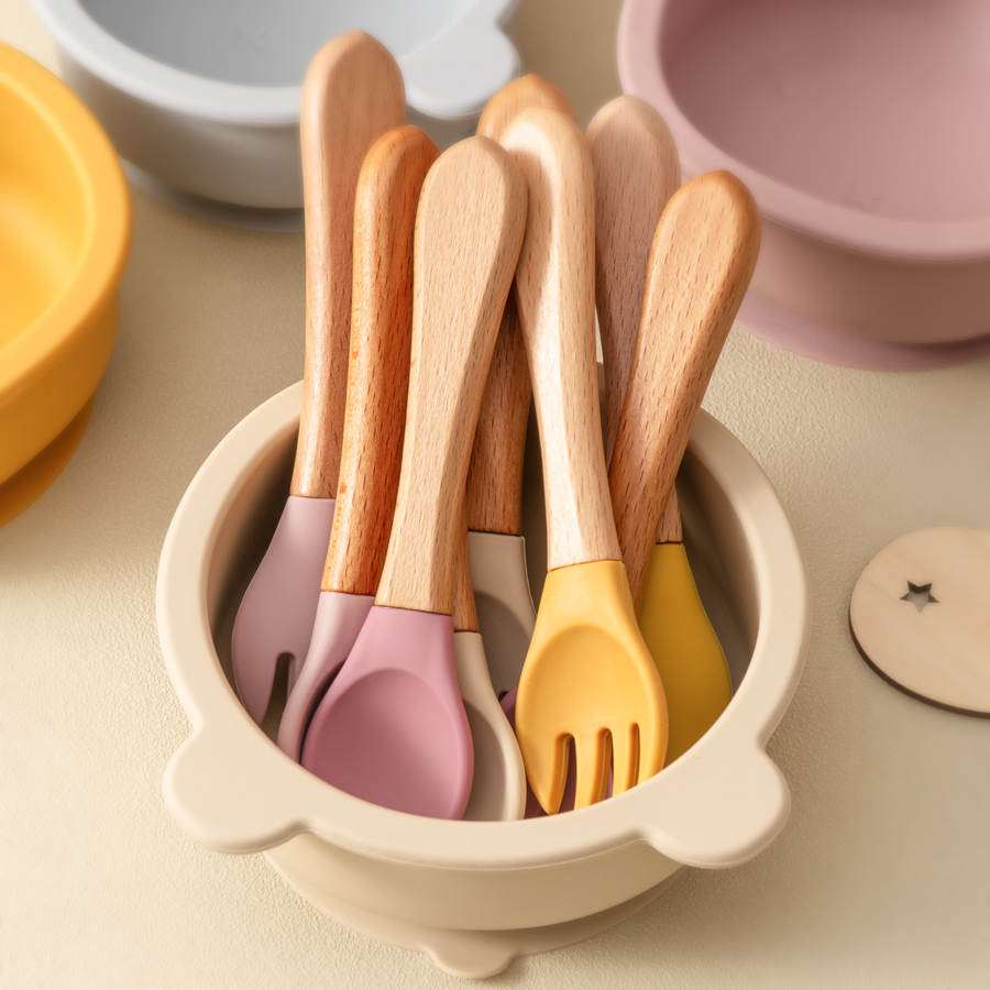 Baby Food Feeder - Mamaplan Siliconen Babylepel Vork Houten Handvat