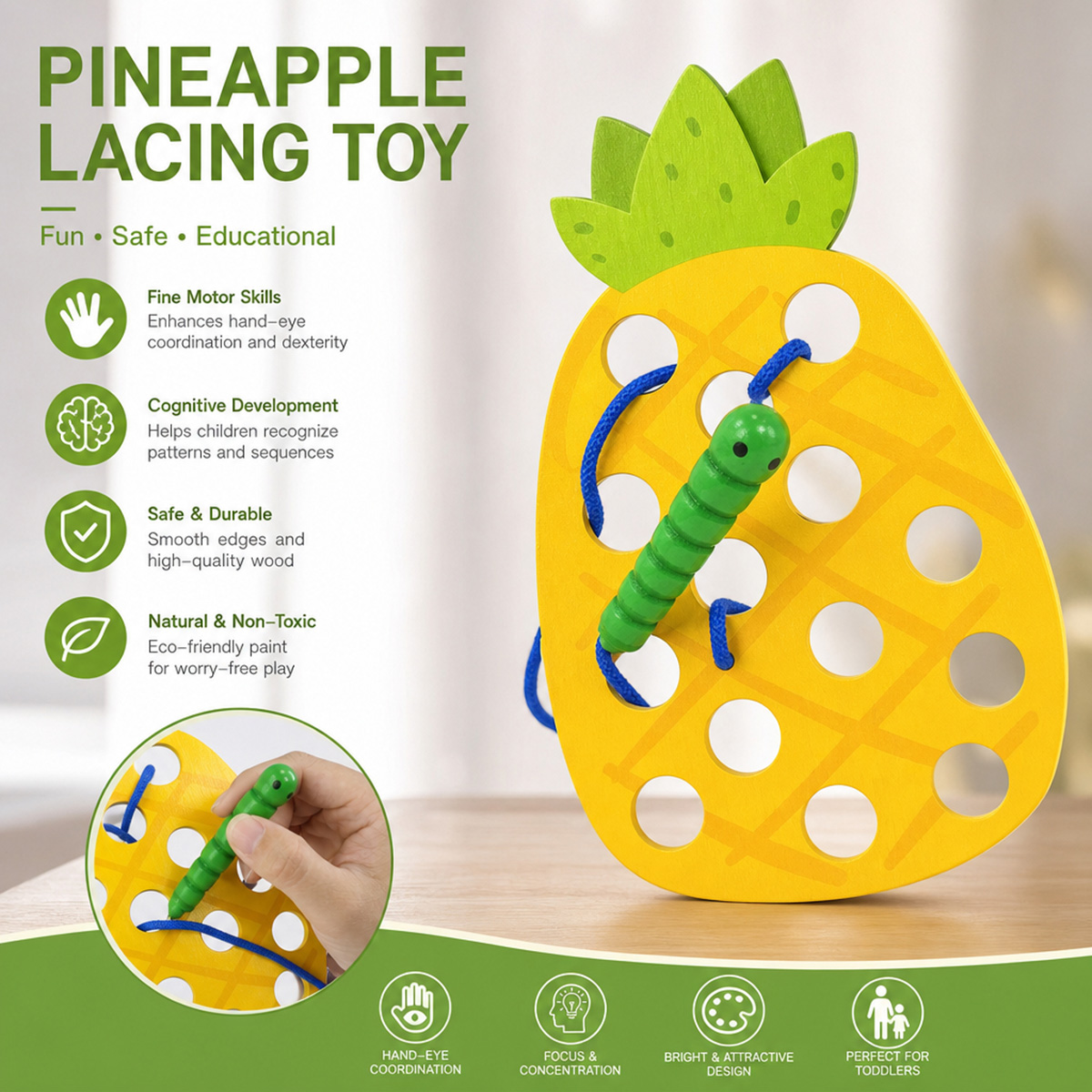 Baby Food Eat - Houten veterspel met ananas, draadspeelgoed, puzzelspel,